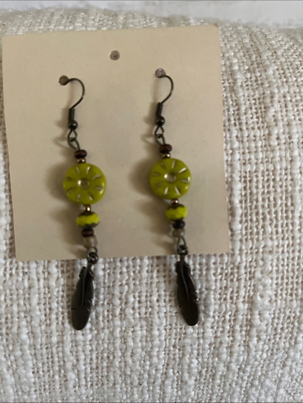 Handcrafted Lime Green Bead & Feather Dangle Earrings